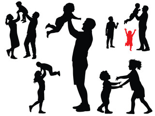set of silhouettes of people carrying children, concept of love affection passion, vector silhouettes of people