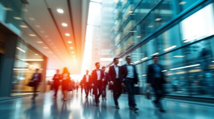 motion blur image of business people crowd walking at corporate office in city downtown