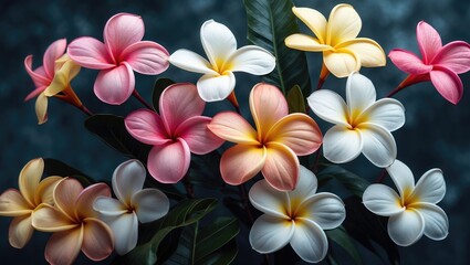 Fototapeta premium Colorful plumeria flowers with pink, white, and yellow petals against a dark background.