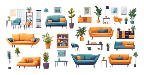 Furniture home decor cartoon vector set. Sofas wooden room plants tables comfy armchairs sleek shelves storage solutions elegant beds soft textiles ergonomic chairs glass accents metal frames