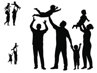 Vector set of silhouette of mother father and children playing, special children's day concept