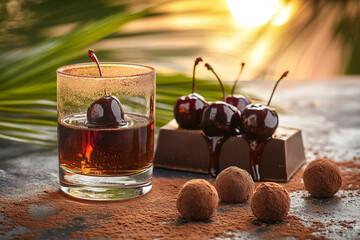 dark chocolate with cherry liqueur flowing out of it, and plump, juicy cherries on top of the chocolate. 