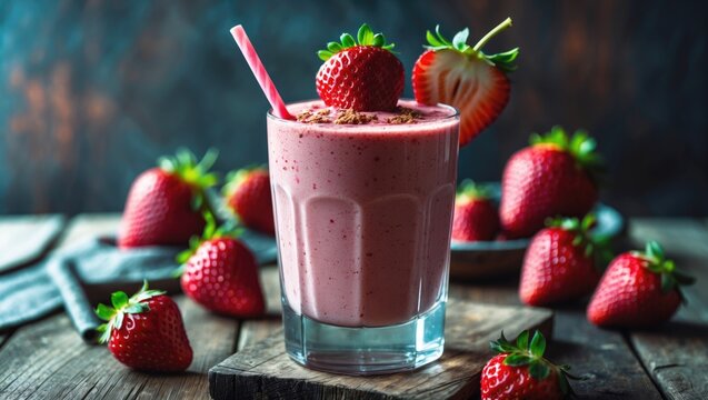 Fresh strawberry smoothie in a glass with strawberries on top and around, on a rustic wooden surface. Healthy, fruity drink, beverage, fresh, tasty.