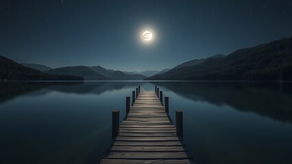 Fototapeta premium Moonlight Serenity Wooden Dock on a Calm Lake