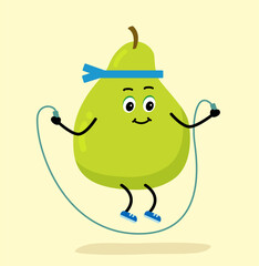 Jump Rope, Cute pear. The concept of gym, health, fitness, yoga and meditation with pear from the cartoon. Vector illustration.