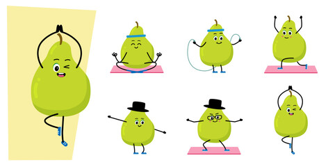  character meditate in yoga pose. Outdoor sports. Cartoon, Happy pear . vector illustration in a flat style.