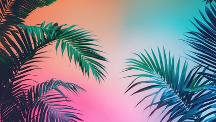 Fototapeta premium Colorful tropical palm leaves against a vibrant pastel gradient sky.