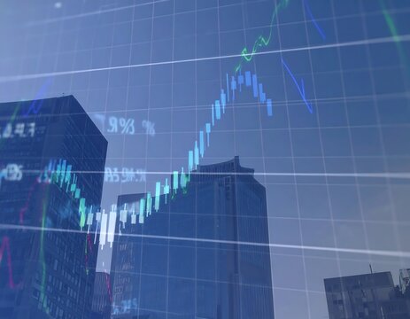 Financial chart overlaying city buildings - Powered by Adobe