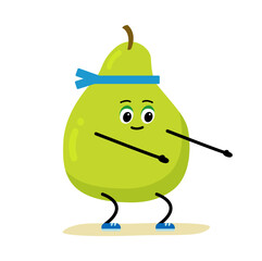 Cute strong pear character meditate in yoga pose. Cartoon pearn gym, health, fitness yoga meditate concept. isolated clipart. Vector illustration .