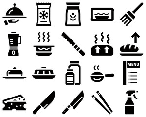 Kitchen icon set featuring cooking tools and food items