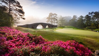 misty scenic augusta national masters golf course azaleas stone bridge