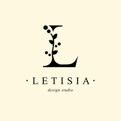 Logo, capital letter L. Monogram of Botanical Minimalistic, Initial. with Organic Plant Elements. Vector design. for tattoo studio