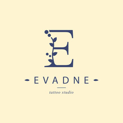 Logo, capital letter E. Monogram of Botanical Minimalistic, Initial. with Organic Plant Elements.  Vector design. for beauty salon or art studio.