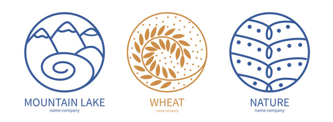 logo landscape with mountains and sun in circle. mountains for a travel, health and hike. Linear icon of grains of wheat or  grain crops.  