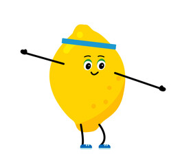 Cute strong Lemon character. Cartoon Lemon gym, health, fitness yoga meditate concept. isolated clipart. Vector illustration .