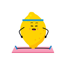 Cute strong Lemon character meditate in yoga pose. Cartoon Lemon gym, health, fitness yoga meditate concept. isolated clipart. Vector illustration .