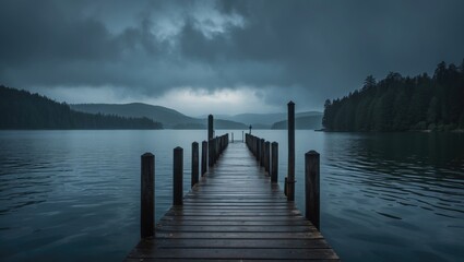 Fototapeta premium A dock extending into a calm lake surrounded by forested hills under dark, cloudy skies.