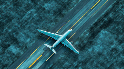 Top view of an airplane isolated on a blue road background