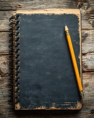 Worn black notebook, yellow pencil on wooden table