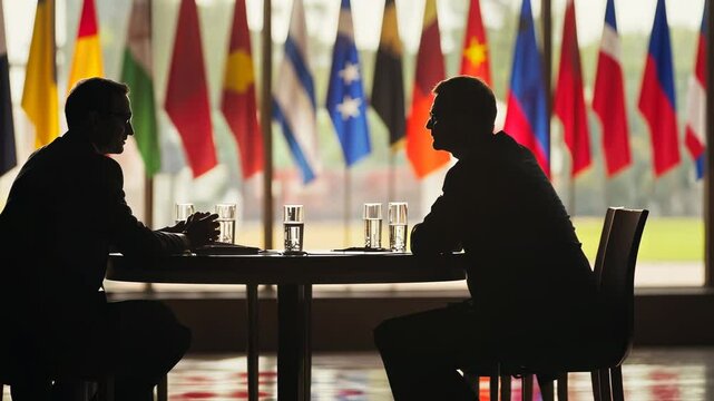 Two figures seated at a round table, international flags in background