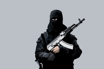 Obraz premium Covered Figure with Assault Rifle: A Symbol of Threat
