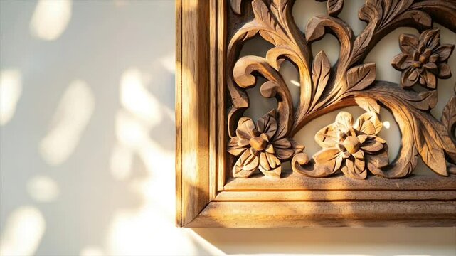 Intricate wooden wall decor with floral carving, sunlit