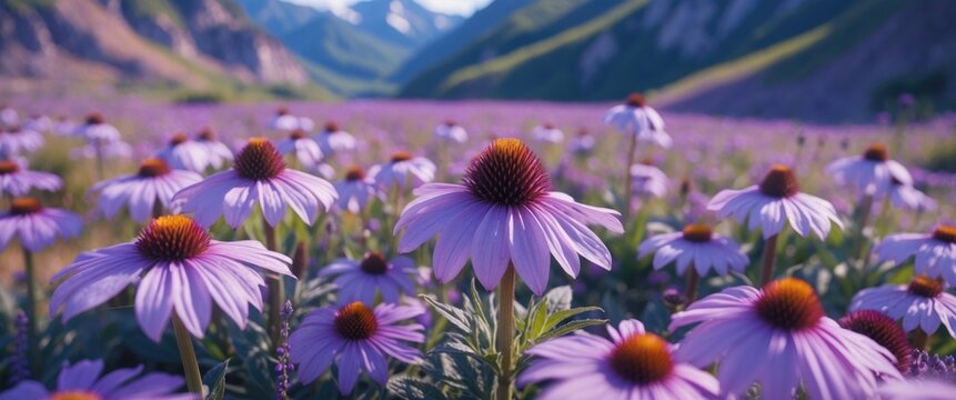 Purple flowers in a meadow with mountains in the background. Natural scenery with vibrant colors and lush greenery. Flora and landscape.
