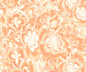 Abstract seamless pattern with wavy forms in caramel tones in ebru liquid style. Perfect for textile, package, packaging, posters, wall decor, wallpaper, fabric. Contemporary Liquid Art. 