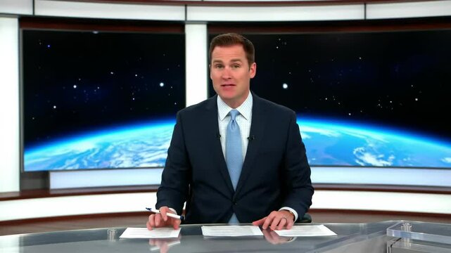 News Anchor Reporting with Space Earth Background in Studio