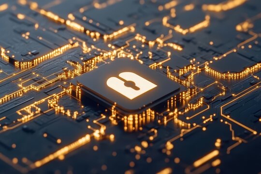 Digital padlock icon symbolizing data security and processing on a circuit board background, padlock icon and digital data processing over computer servers - Powered by Adobe