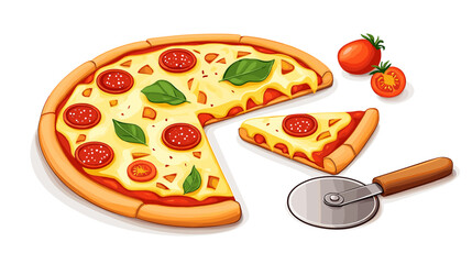 A flat vector cartoon pizza set showing pepperoni slice cheese wheel pizza cutter and tomato basil garnish on white background no shading no gradients