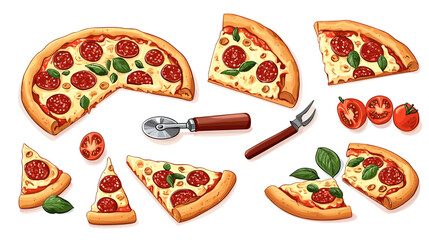 A flat vector cartoon pizza set showing pepperoni slice cheese wheel pizza cutter and tomato basil garnish on white background no shading no gradients