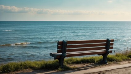 Empty bench facing the ocean, coastal scene, tranquil and peaceful environment. Nature and relaxation concept. Seaside and leisure. The idea of calm and reflection.
