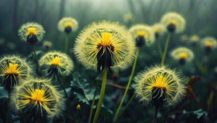 Obraz premium Group of dandelions with yellow centers and fluffy seed heads in a green field.