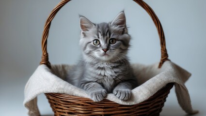A cute gray kitten sitting in a wicker basket with a cloth lining and handle on white background.