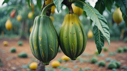 Green papayas hanging from a tree with yellow ripening fruit in the background.