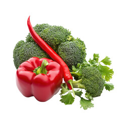 Fresh red pepper and broccoli with cilantro on a Transparent background for healthy eating inspiration, red pepper and fresh broccoli isolated on PNG background