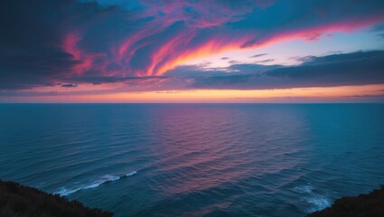 Fototapeta premium Vivid sunset over the ocean with colorful clouds and calm water. Nature and sky scene. Beautiful view of the sea at dusk with striking cloud formations.