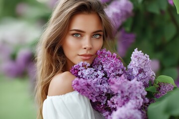 Fototapeta premium A young woman joyfully embraces vibrant lilac flowers while standing in a sunlit outdoor setting.
