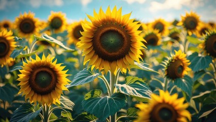 Fototapeta premium Sunflower field during daytime with vibrant yellow flowers and green leaves. Nature and agriculture, concept. Floral and plant photography. The beauty of summer blooms.