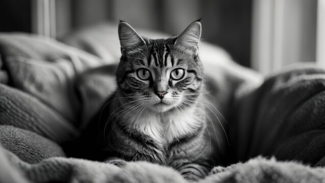 A close-up of a domestic cat with striped fur resting on a sofa.