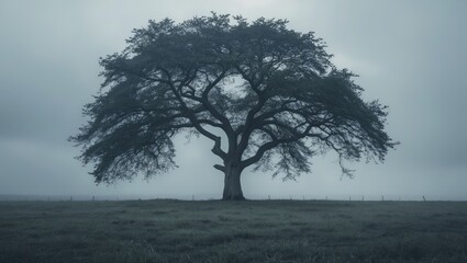 Obraz premium A solitary tree standing in a field on a foggy day.