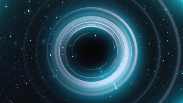 Fototapeta Futuristic glowing round vortex or wormhole in deep space, surrounded by bright blue light rings and particles, symbolizing time travel, black holes, or interstellar exploration in a sci-fi theme.