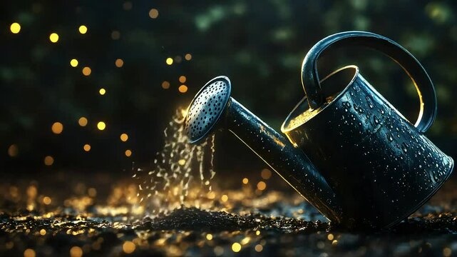 Watering can pouring water on soil