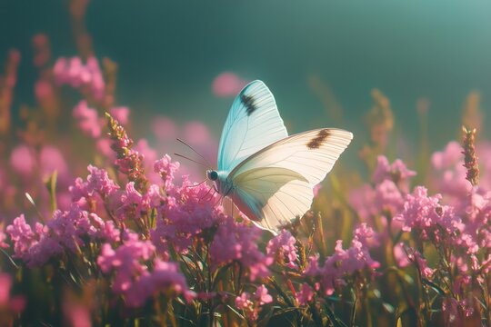 Super slow motion shot of a beautiful Thai butterfly resting on pink flowers in a tranquil pasture, HDp super slow Thai butterfly in pasture pink flowers Insect outdoor nature