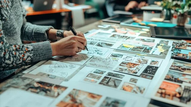 Creative brainstorming session.  Hands sketching ideas on a collaborative workspace.  Various design elements and inspiration gathered together
