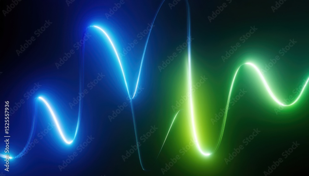 Poster  dynamic neon waveform in blue and green on black background with glowing gradients and light trails for tech branding, music visuals, and digital design asset