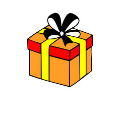 An illustration of a square gift box with a black bow on a white background