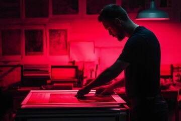 Photographer working in darkroom with red safelight, developing photos using traditional analog method