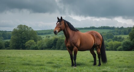Obraz premium A horse standing in a green field with a cloudy sky and trees in the background.